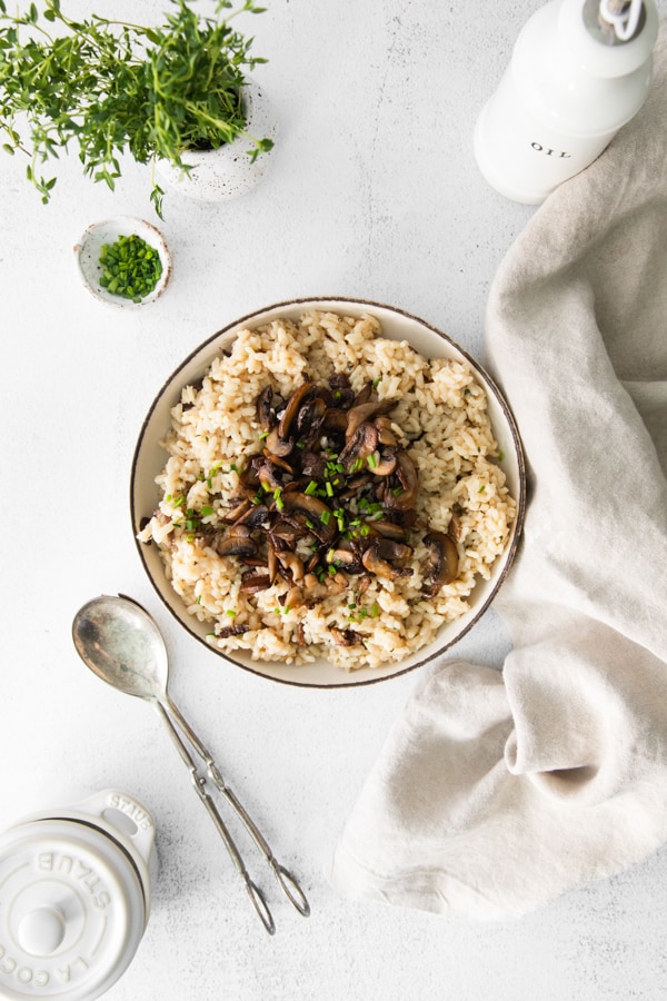 Wild Mushroom Risotto served with chives on top.
