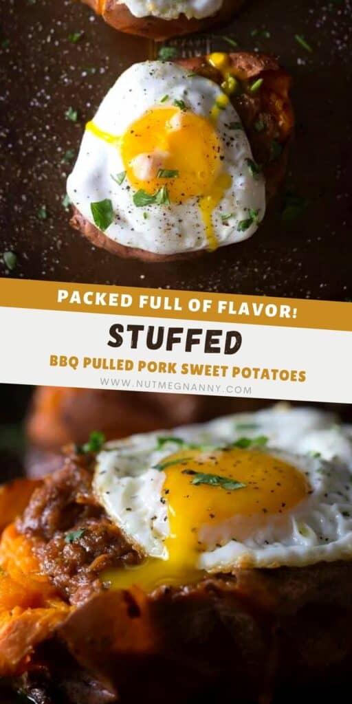 BBQ Pulled Pork Stuffed Sweet Potatoes pin for Pinterest.
