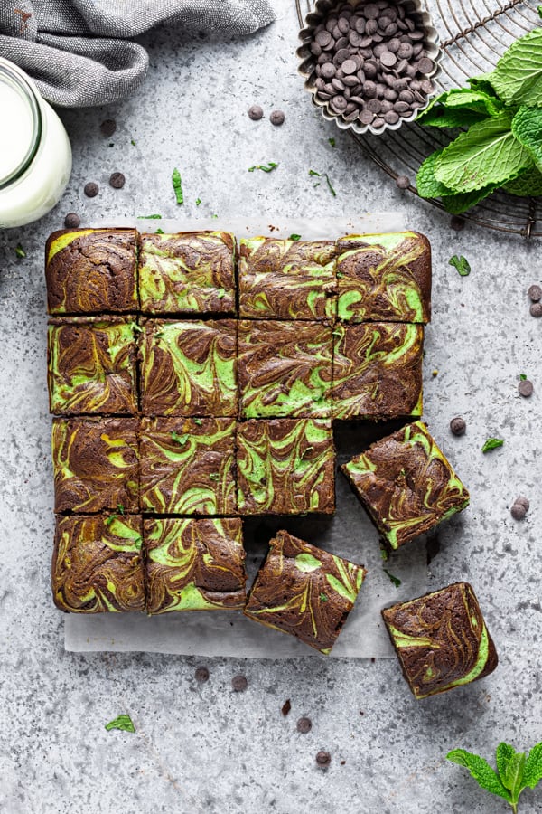 Swirled Mint Cream Cheese Brownies cut and ready to serve. 