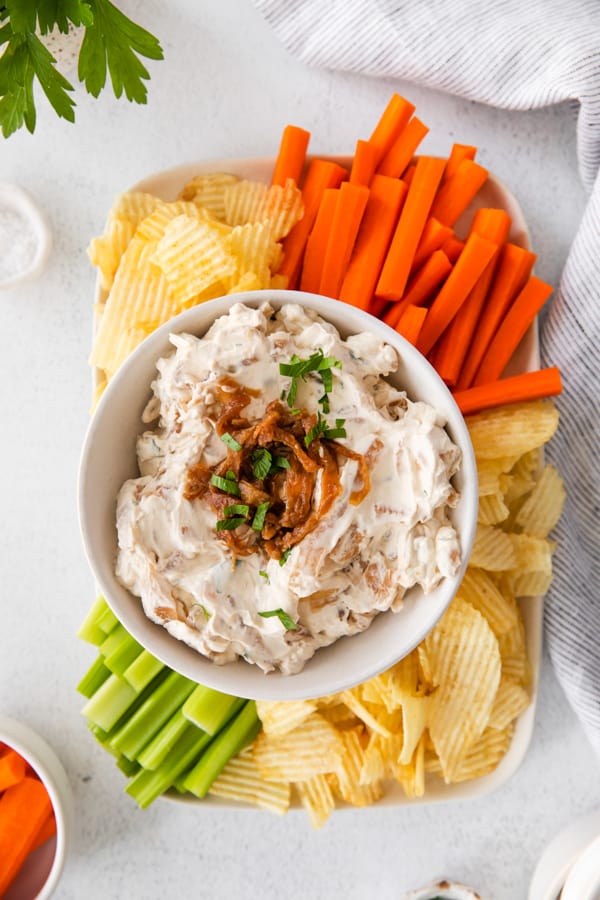 French Onion Dip served in a bowl. 