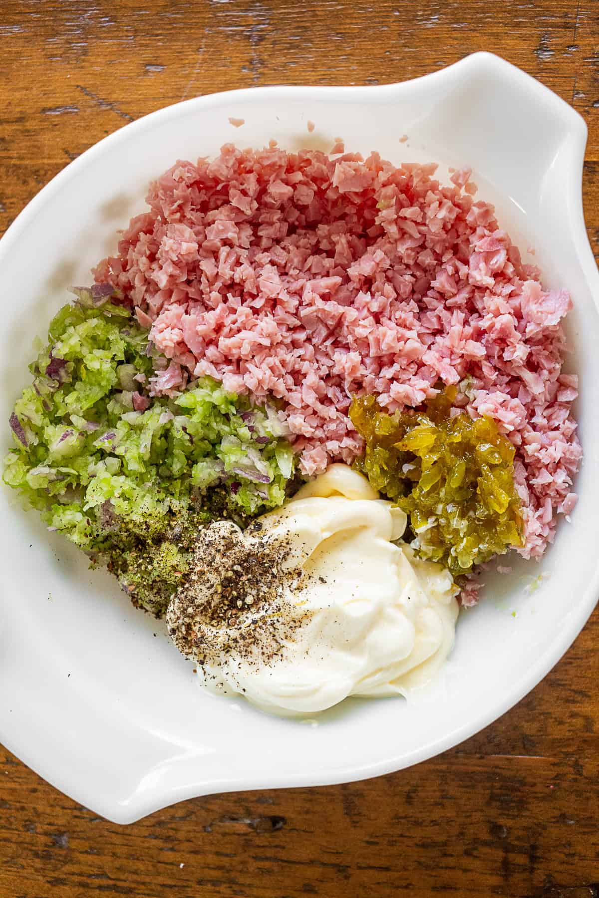 Ham Salad ingredients in a bowl. 