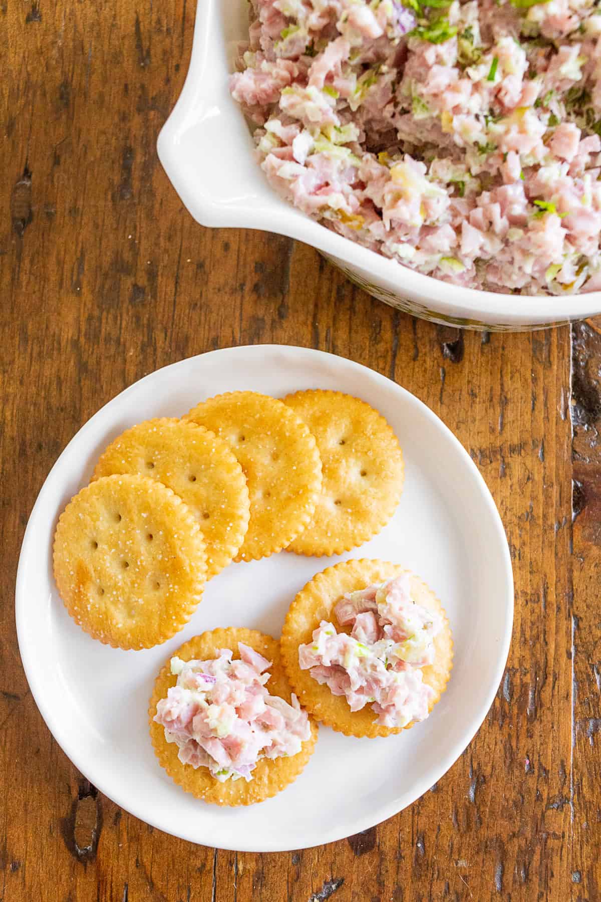 Ham Salad Recipe served on butter crackers. 