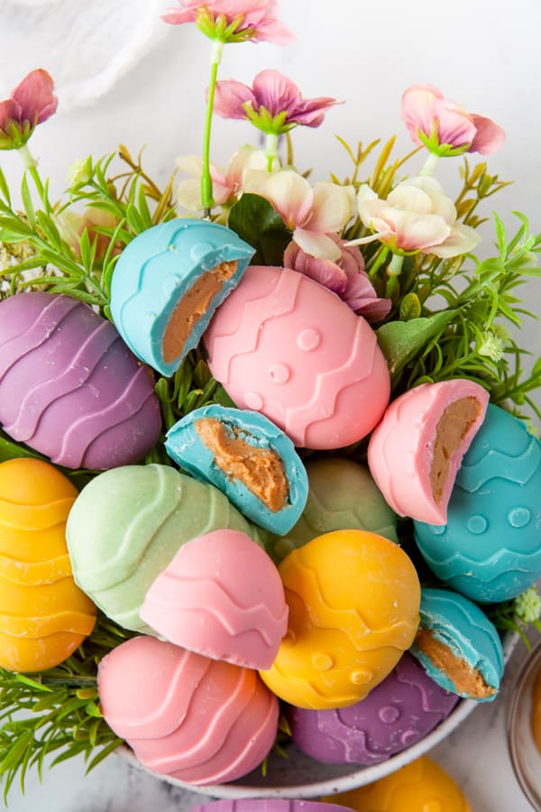 Peanut Butter Eggs cut in half to show filling. 