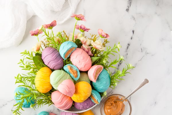 Peanut Butter Eggs in a dish. 