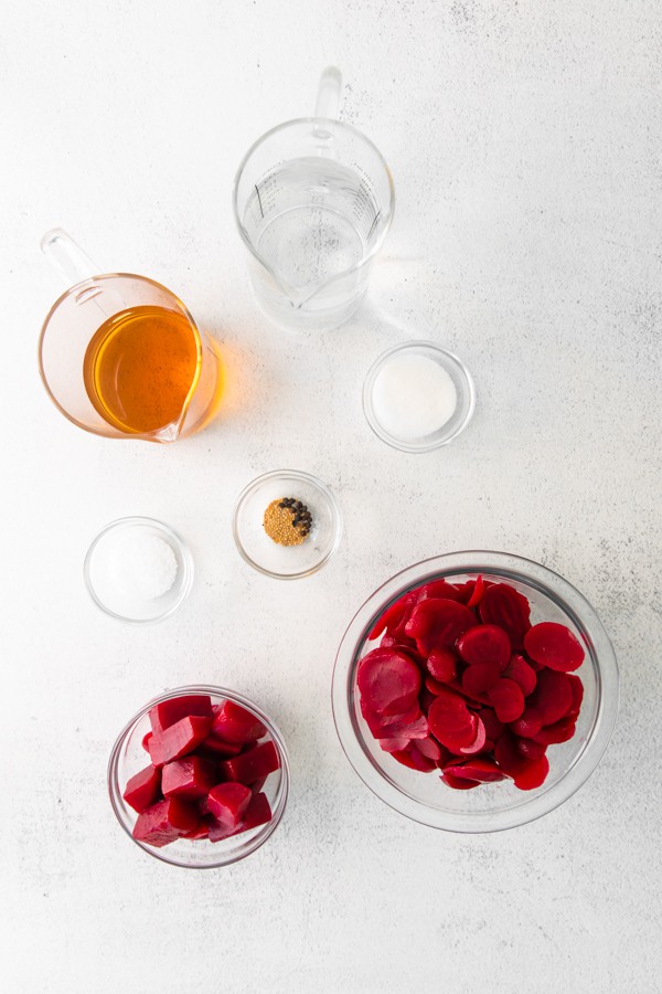 Ingredients on a table to make quick pickled beets.