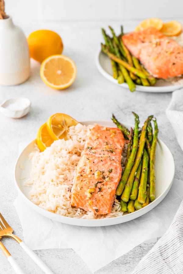 Sheet Pan Lemon Salmon on a plate. 