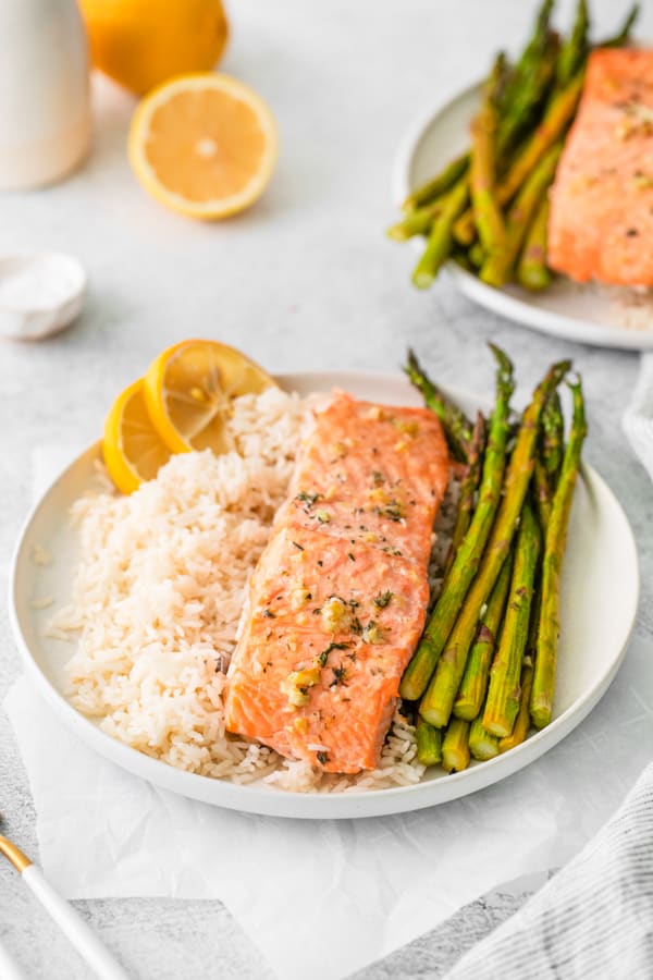 Sheet Pan Lemon Salmon served with white rice. 