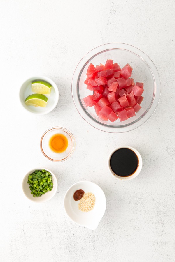 Tuna Poke Bowl ingredients on a table.