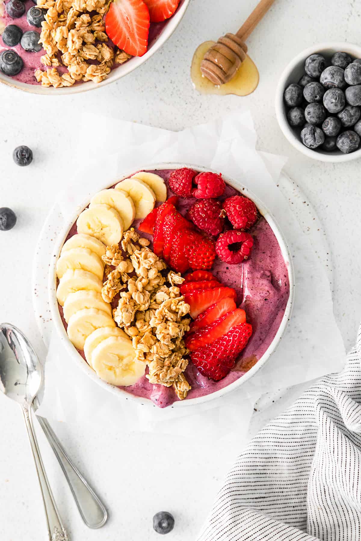 Acai Bowl topped with fresh fruit.