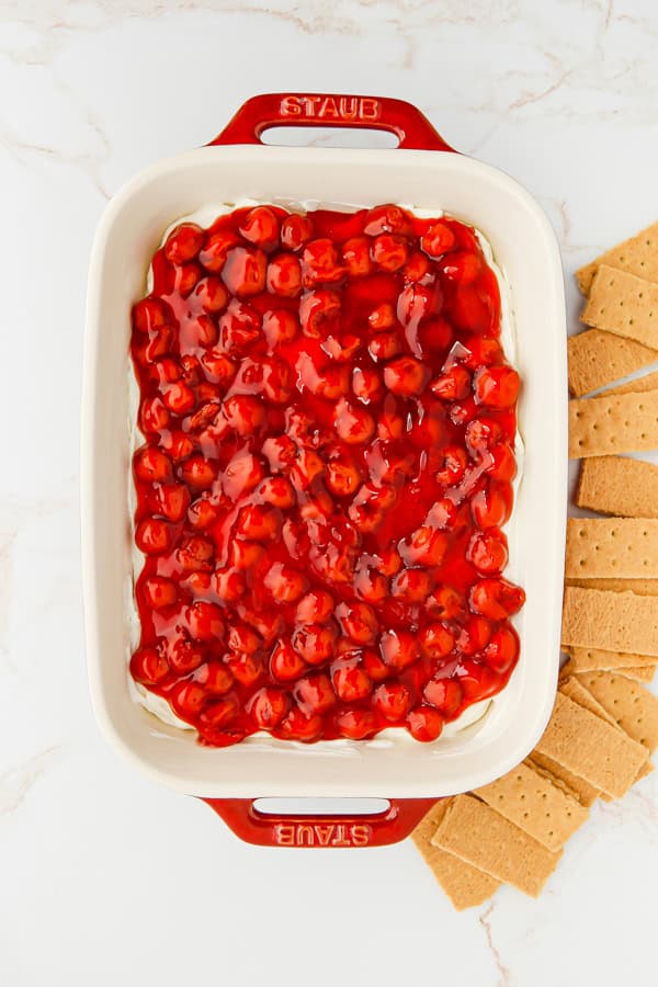 Cherry Cheesecake Dip in a dish with graham crackers on the side.