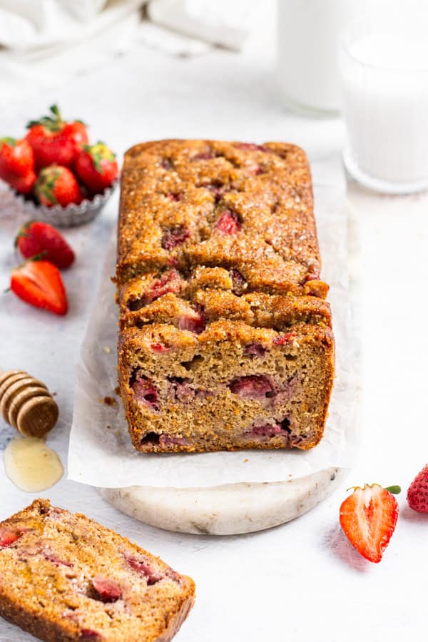 Fresh Strawberry Bread on a serving plate.