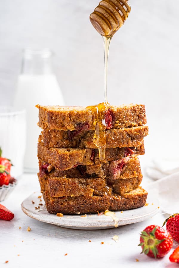 Fresh Strawberry Bread drizzled with honey.