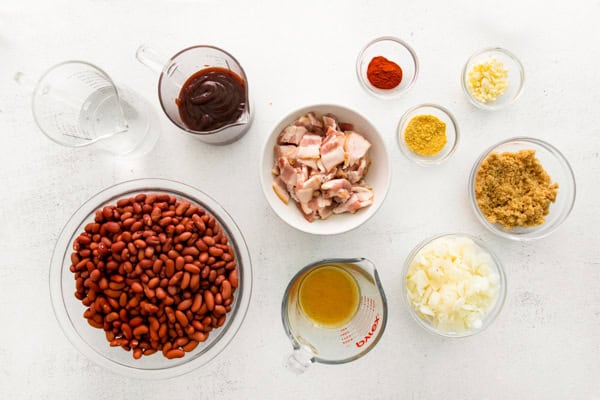 Instant Pot Baked Beans ingredients on a table. 