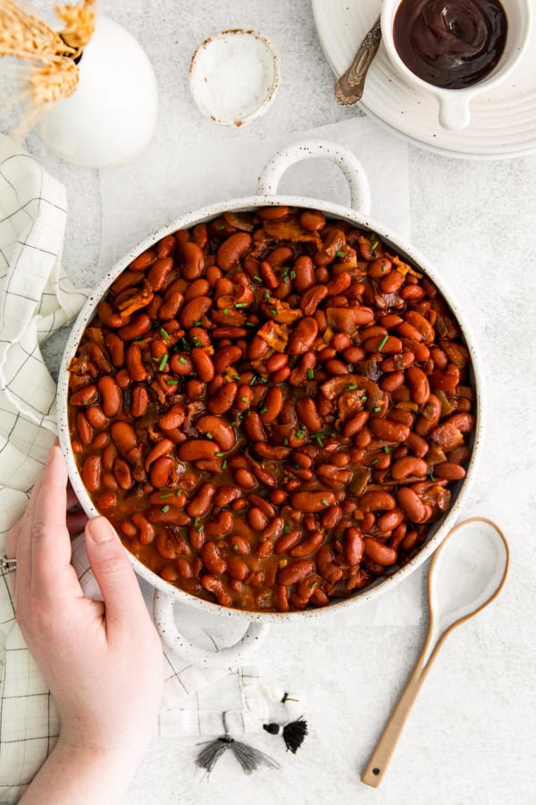 Instant Pot Baked Beans served with a serving spoon. 