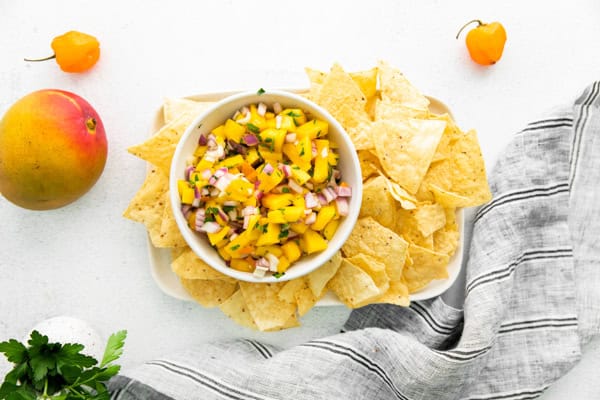 Mango Habanero Salsa in a white bowl. 