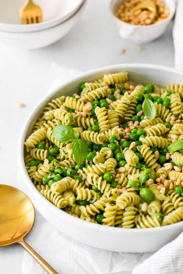 Pesto Pasta Salad in a serving bowl. 