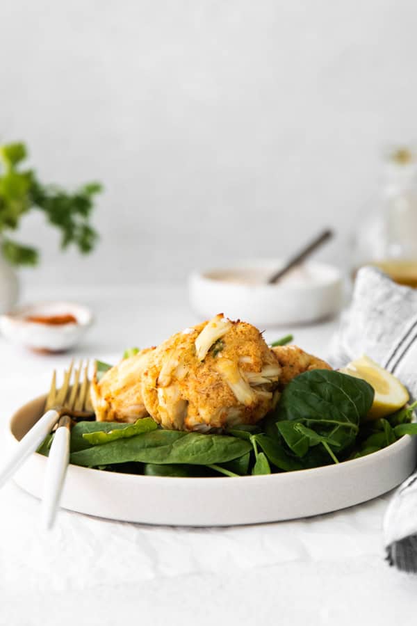 Air Fryer Crab Cakes on a white plate.