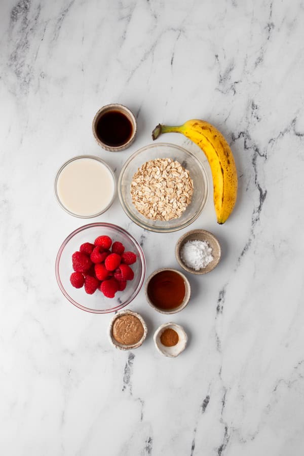 Ingredients to make Baked Raspberry Oatmeal.
