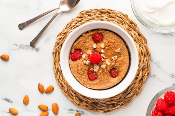 Baked Raspberry Oatmeal in a white bowl.