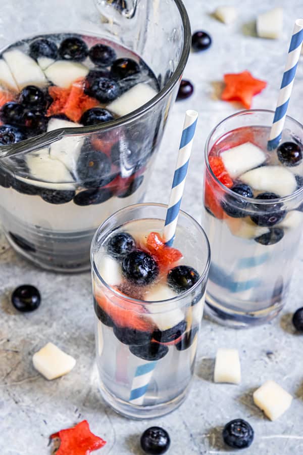 Patriotic Lemonade in 2 glasses with paper straws. 