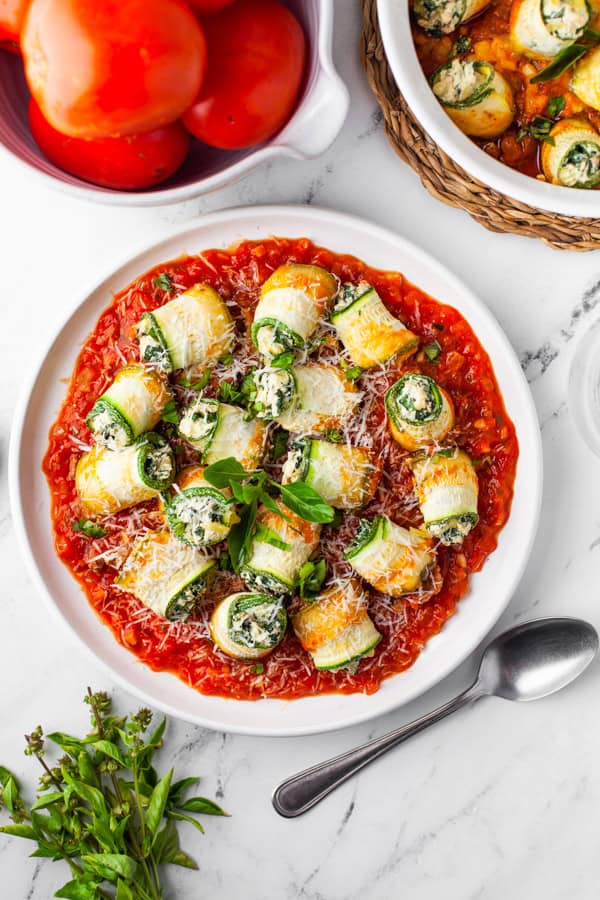 Zucchini Lasagna Rolls on a plate. 
