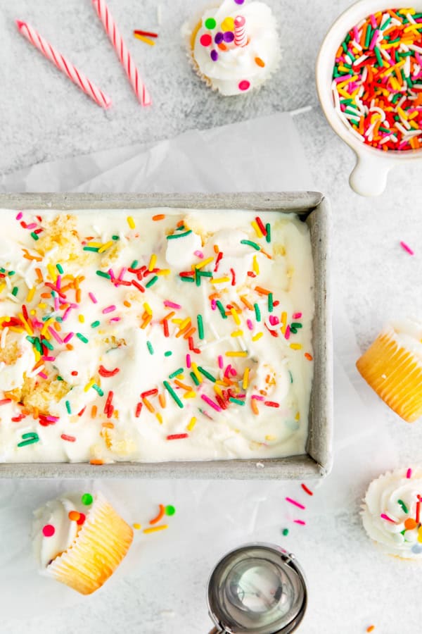 Birthday Cake Ice Cream served with additional sprinkles. 