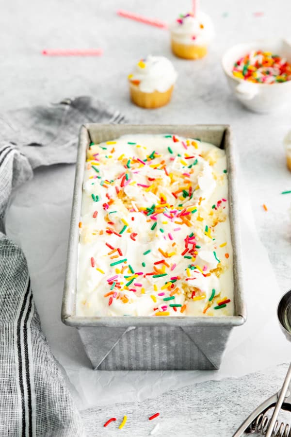 No-churn Birthday Cake Ice Cream in a metal dish. 