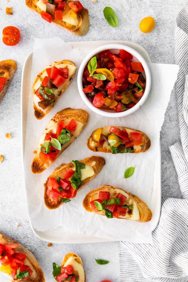 Caprese Bruschetta on a plate. 