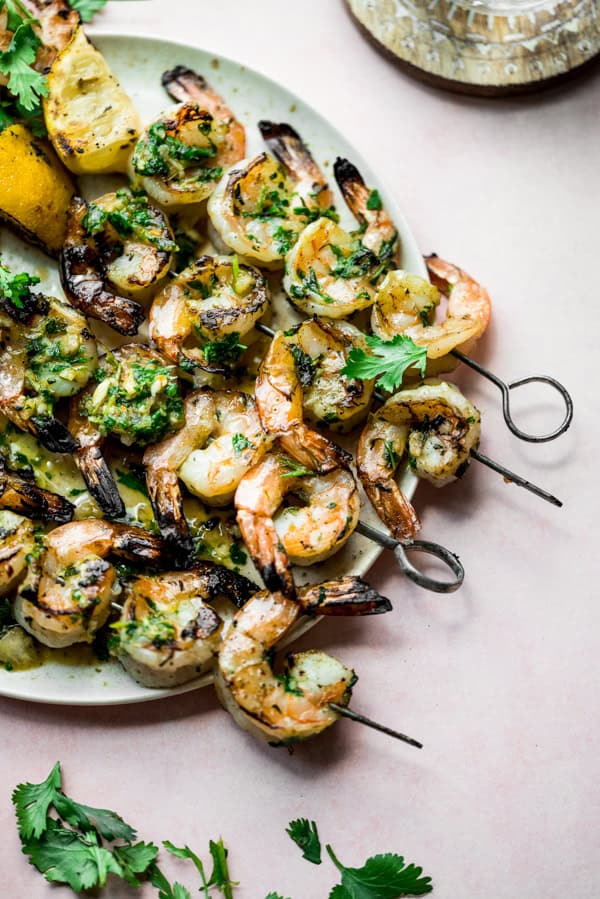 Chimichurri Grilled Shrimp Skewers on a plate. 