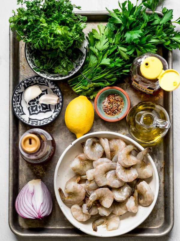 Chimichurri Grilled Shrimp Skewers ingredients on a tray. 