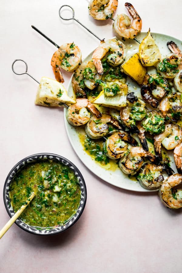 Chimichurri Grilled Shrimp Skewers with chimichurri sauce. 