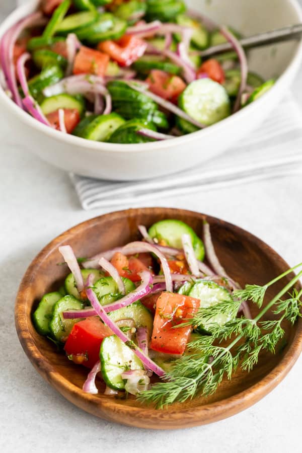 Cucumber Tomato Salad on a serving plate. 