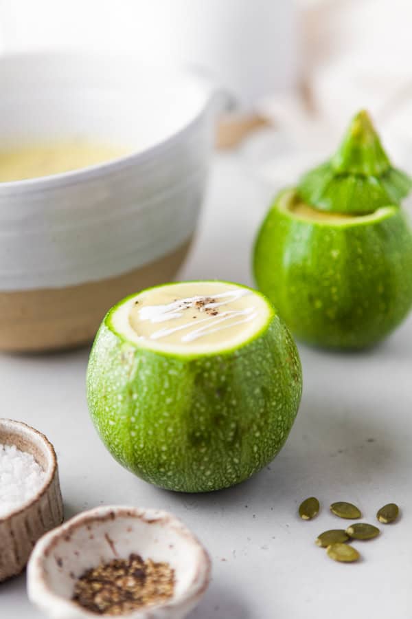 Instant Pot Zucchini Soup served in a little squash. 