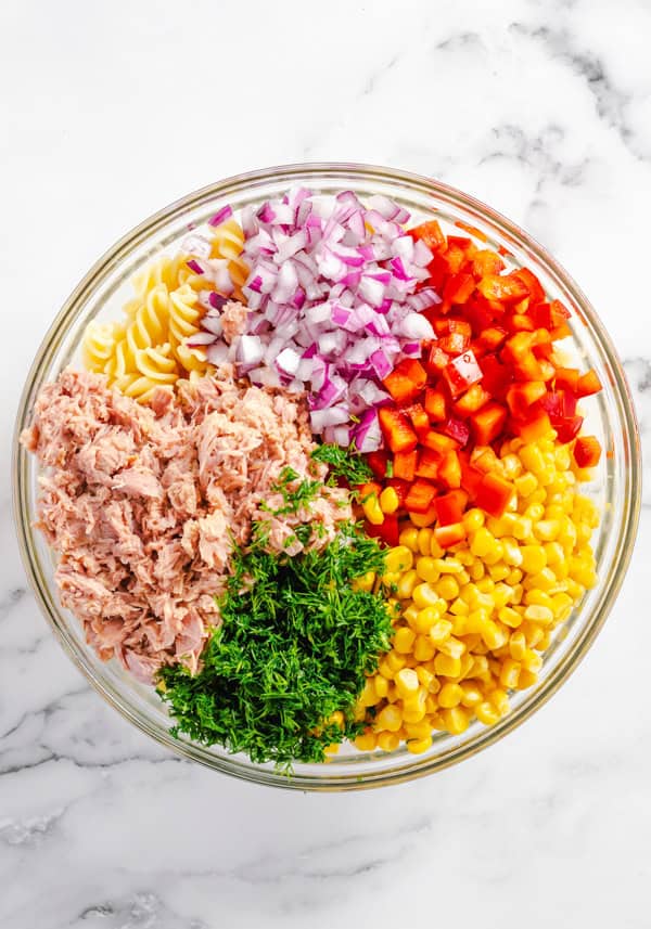 Tuna Pasta Salad ingredients in a bowl.