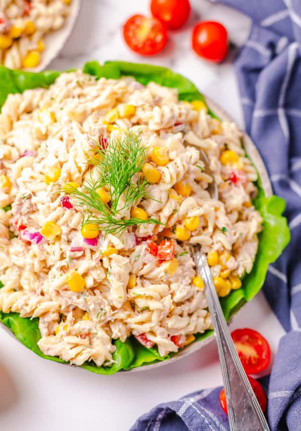 Tuna Pasta Salad in a bowl with a spoon.