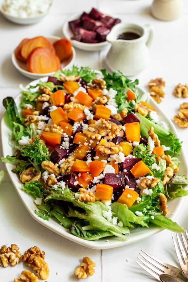 Roasted Beet Feta Salad served on a white table. 