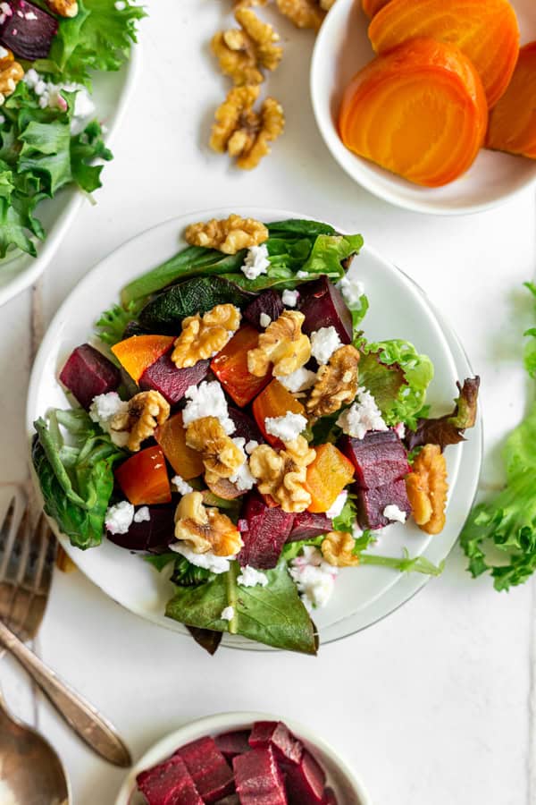 Roasted Beet Feta Salad on a small white plate. 