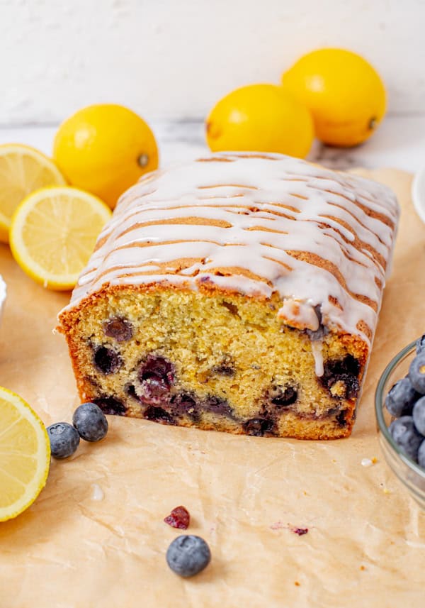 Blueberry Lemon Pound Cake on parchment paper. 