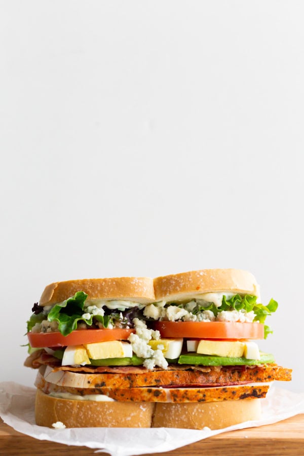 Cobb Salad Sandwich on a serving tray. 