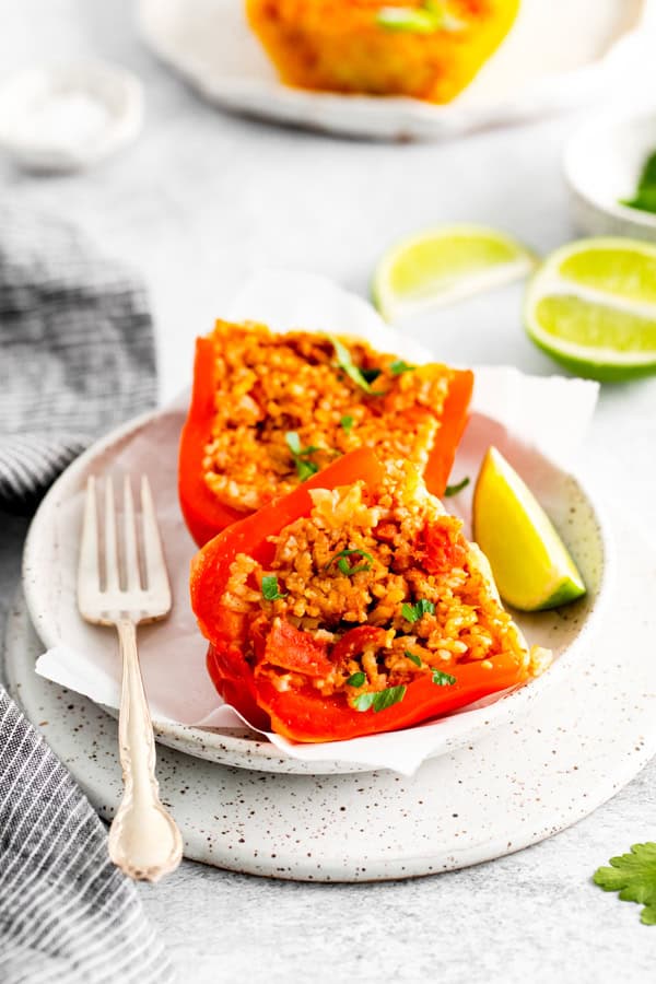 Stuffed pepper cut in half. 