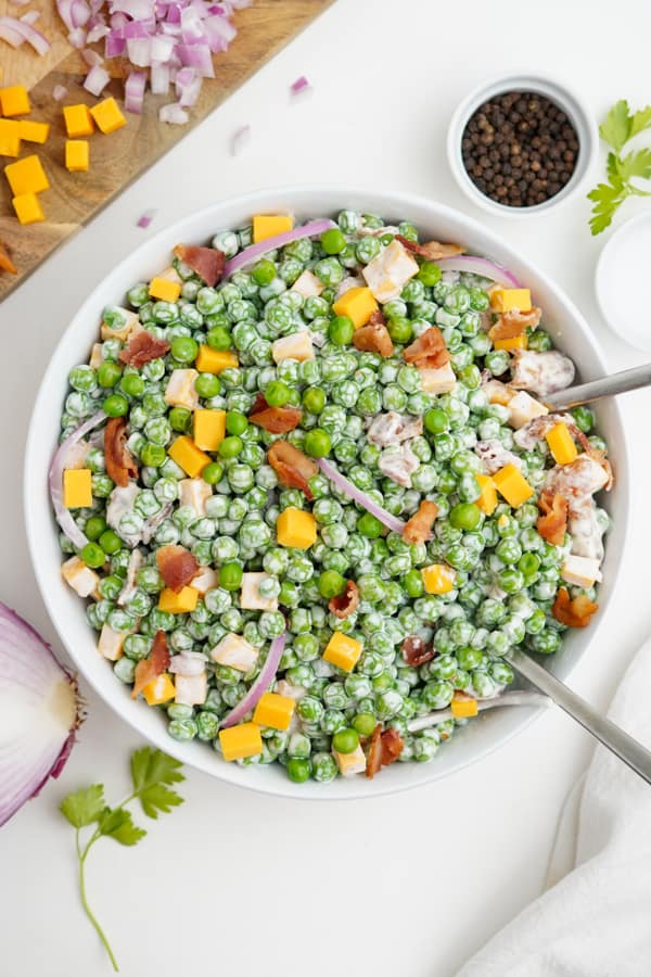 Classic Pea Salad in a white bowl. 