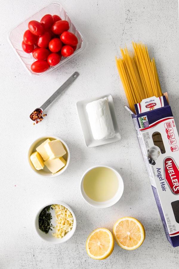 Ingredients to make Roasted Tomato Goat Cheese Pasta. 