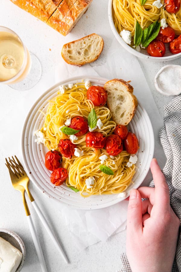 Roasted Tomato Goat Cheese Pasta on a table. 