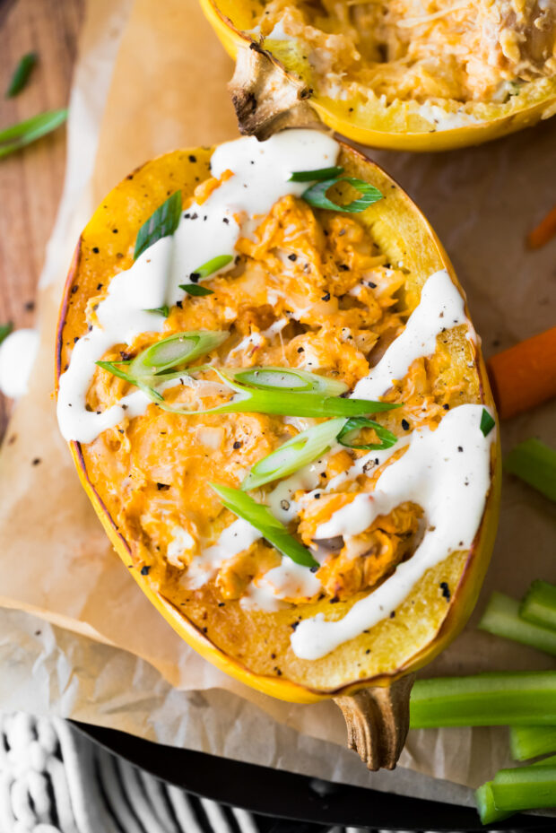 Buffalo Chicken Stuffed Spaghetti Squash drizzled with Ranch. 