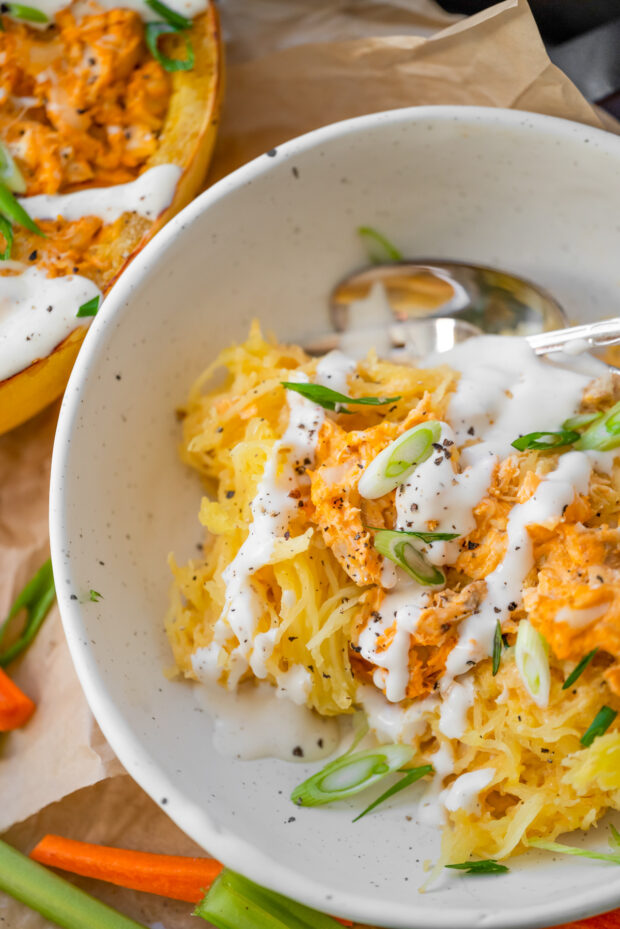 Buffalo Chicken Stuffed Spaghetti Squash in a bowl. 