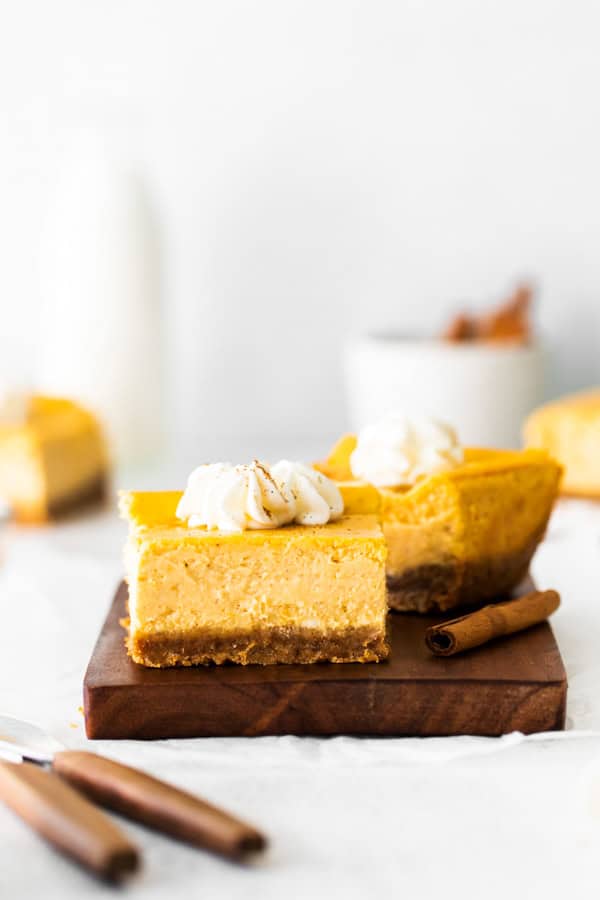 Sliced Pumpkin Cheesecake Bars. 