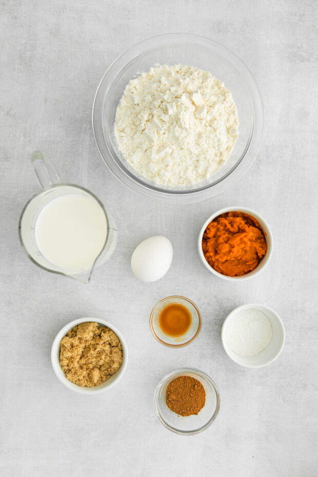 Ingredients to make pancakes on a table. 