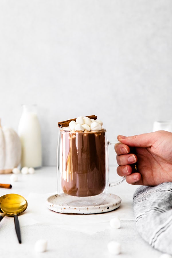 A hand holding a mug of Pumpkin Spice Hot Chocolate.