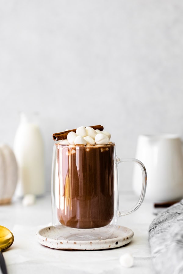 Pumpkin Spice Hot Chocolate in a glass.