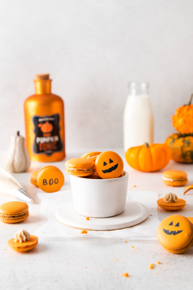 Pumpkin Spice Macarons designed for Halloween.